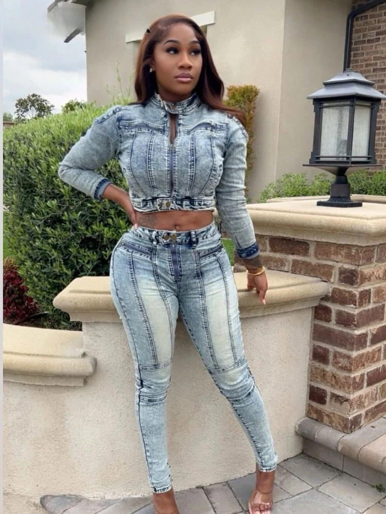 

Washed Denim Patchwork Women's Set Full Sleeve Jacket and Pencil Jeans Pants Suit 2026 Street Two 2 Piece Set Outfit
