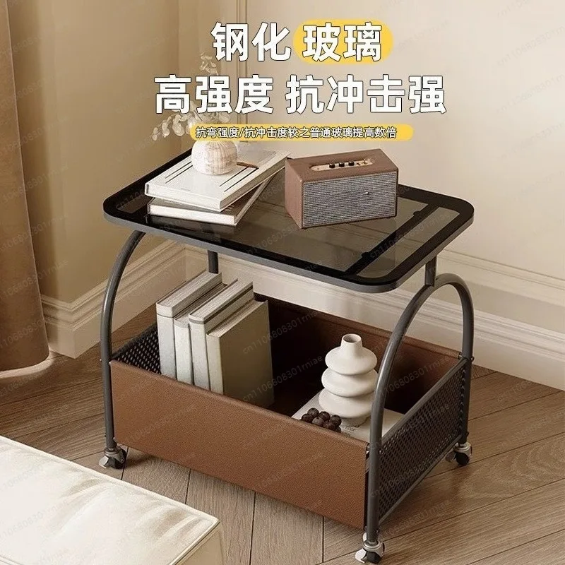 Processing sofa side cabinet tempered glass living room coffee table bedroom bedside table with wheels movable - view 3