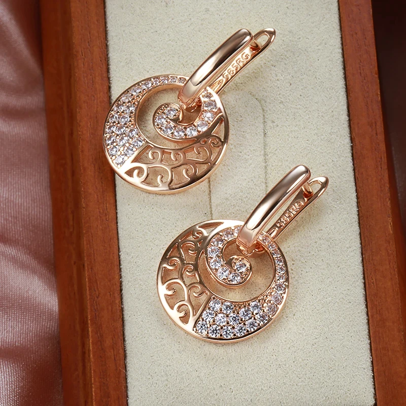 Wbmqda Luxury Circle Hollow Drop Earrings For Women 585 Rose Gold Color With White Natural Zircon Fine Daily Party Jewelry