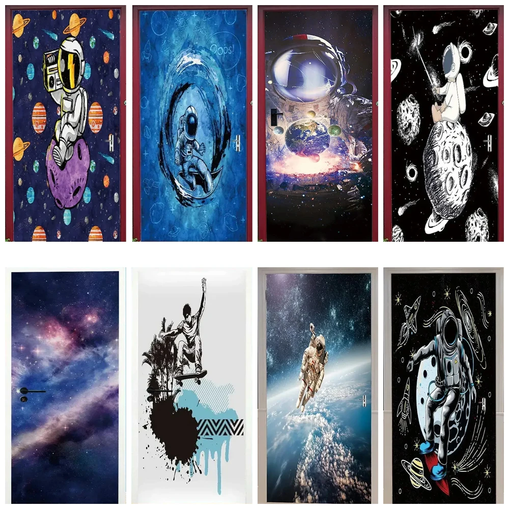 

Cartoon Astronaut Door Sticker for Boy's Room Decorative Wallpaper Starry Space Sports Door Wrap Cover Mural Decals