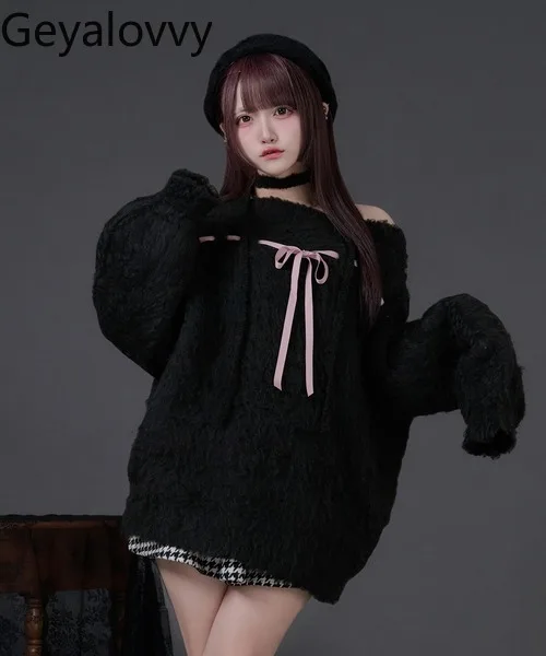 

Lolita Sweet Girl Versatile Solid Color Plush Sweater Autumn Winter New Loose Off-Shoulder Bow Long Sleeve Pullover for Women