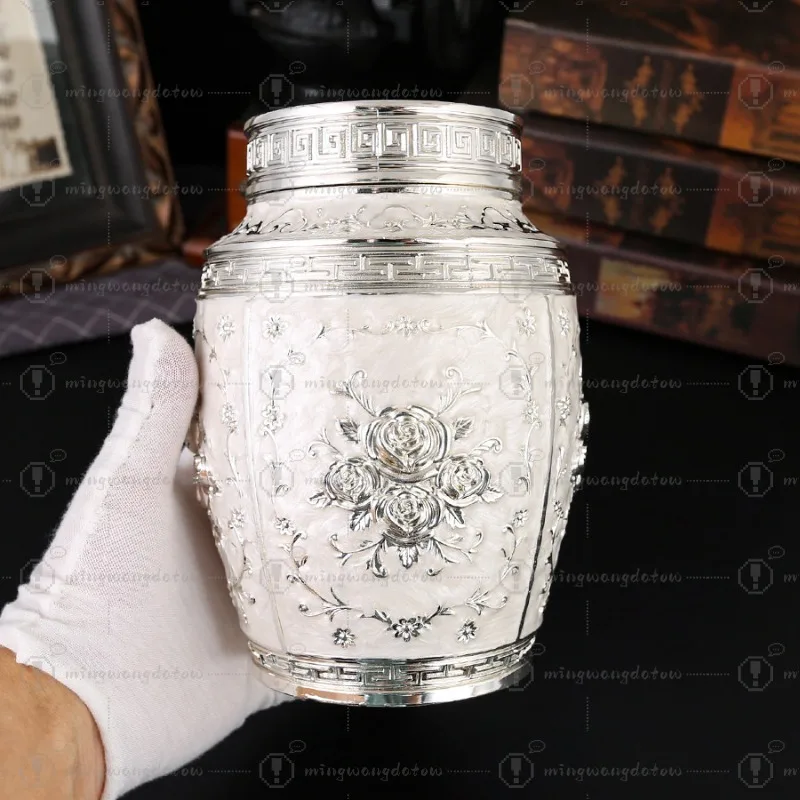 Rose Design Silver White Tea Canister, Large Sealed Moisture-Proof Storage, Decorative Craft view 4
