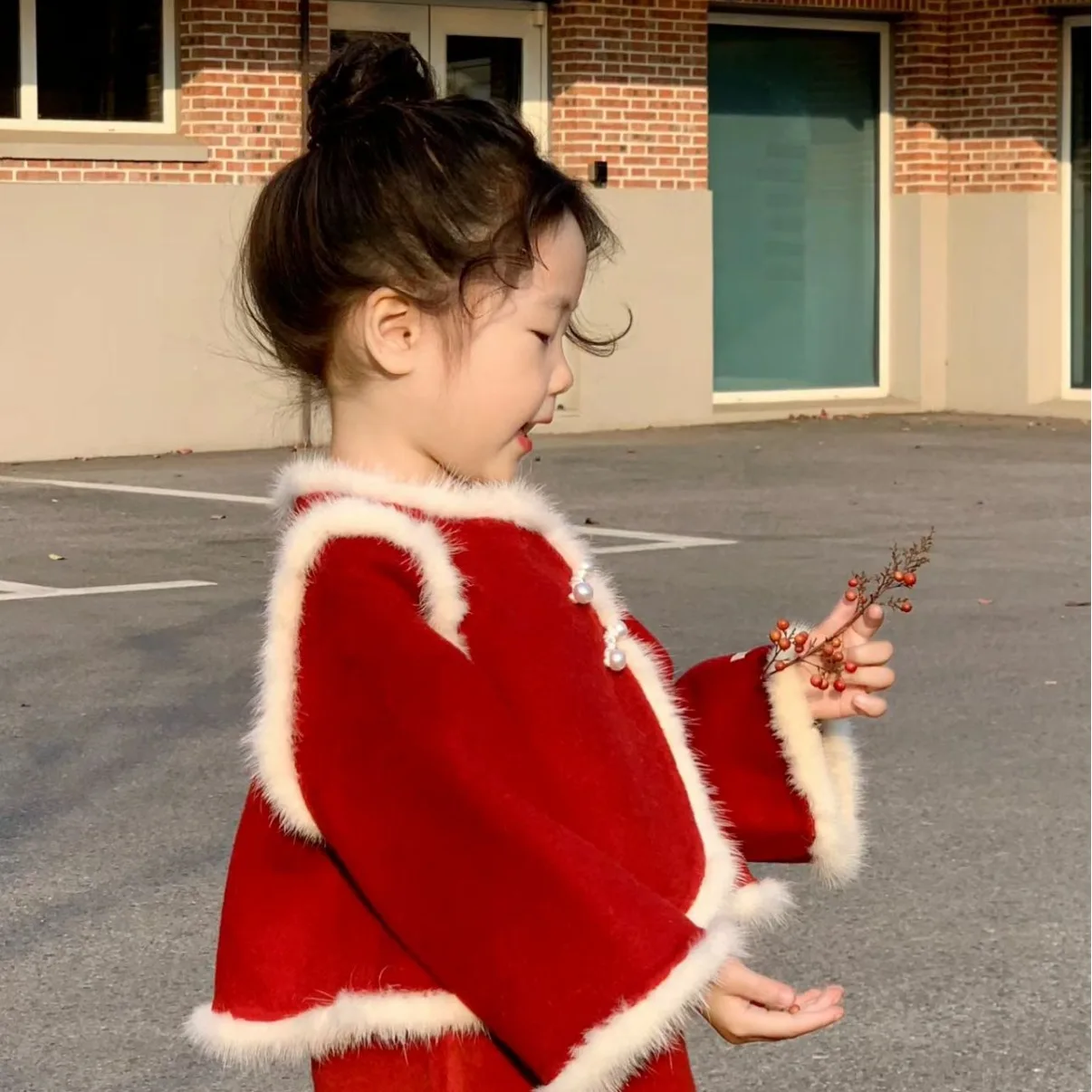 New Year Chinese Style Girls Red Plate Buckle Hairy Edge Coat Vest Dress Two Piece Set 2025 New Year Children Clothing