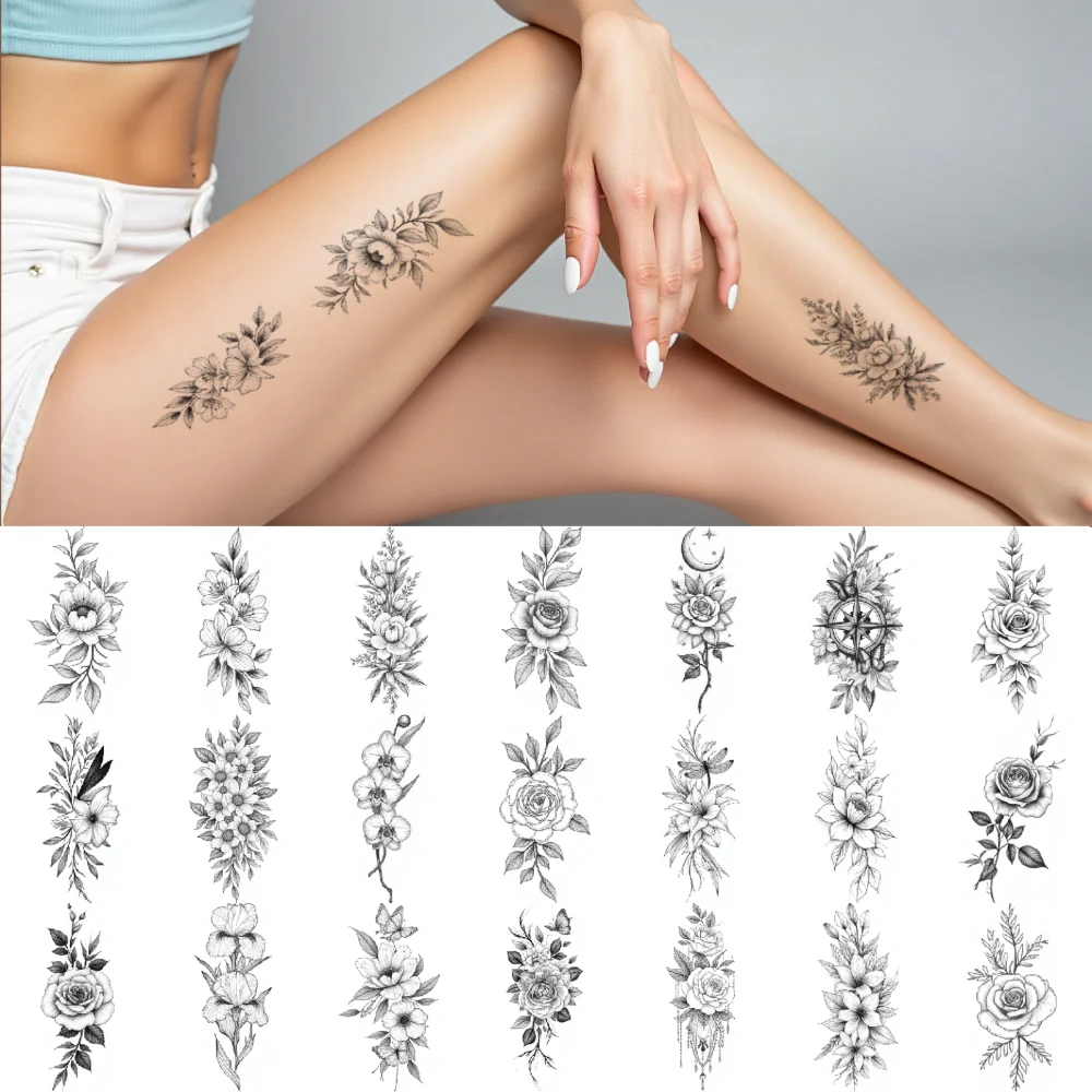 

9pcs Temporary Tattoo Waterproof Long-lasting Body Stickers Leaves Hibiscus Sunflower For Shoulders Ladies Thighs