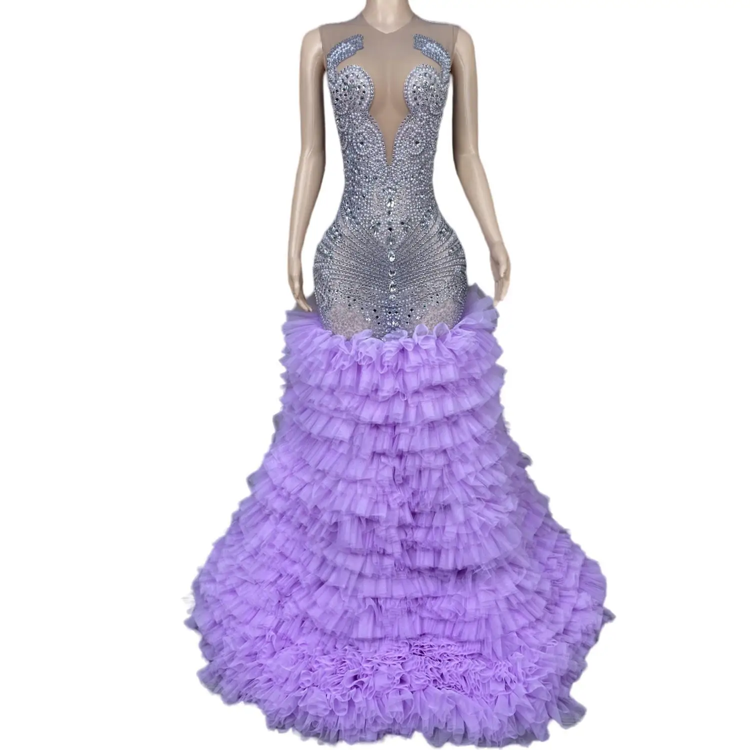 Vestido longo de plissado roxo para festa noturna, vestido de baile, strass elegante, clube de aniversário, chegadas na moda 2024