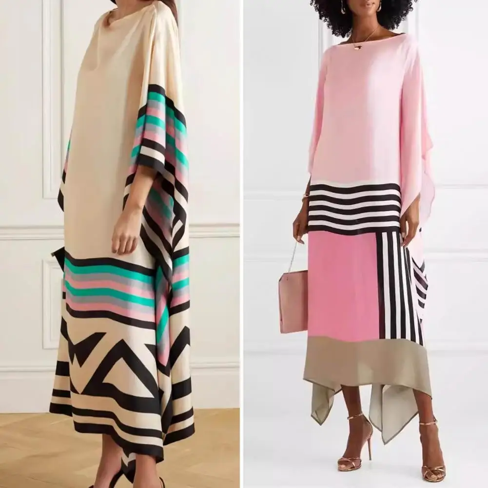 

Lady Maxi Dress Elegant Striped Maxi Dress with Boat Neck Irregular Flowy Hem Women's Long Sleeve Color Matching for Commute