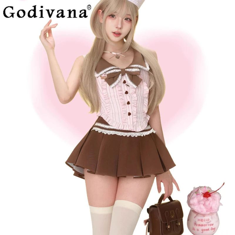 

Women's Sweet Skirt Set Sleeveless Pink Striped Top with Bow Brown Short Skirt Suit Female Summer Lolita Style Outfits