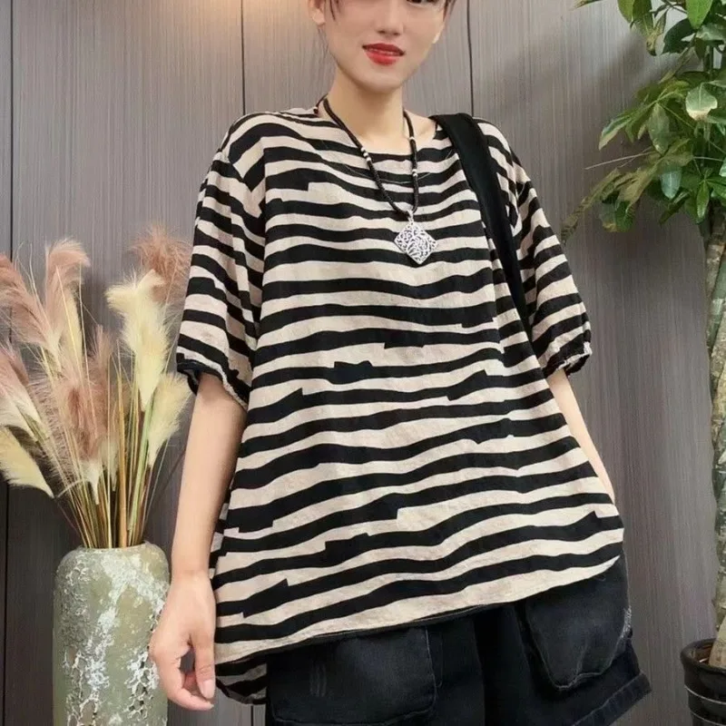 

Korean Simplicity Commute Summer New T-Shirt Women's Patchwork Striped Drawstring Round Neck Loose Thin Short Sleeve Casual Tops