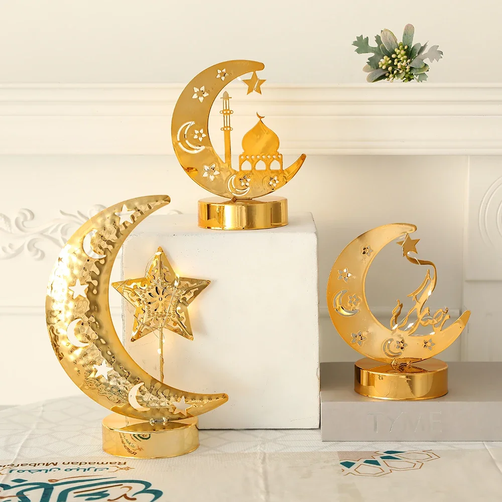 Portavelas de Metal dorado para decoración del hogar, bandeja con luces EID Mubarak, Festival islámico musulmán, estufa de aromaterapia para el Ramadán