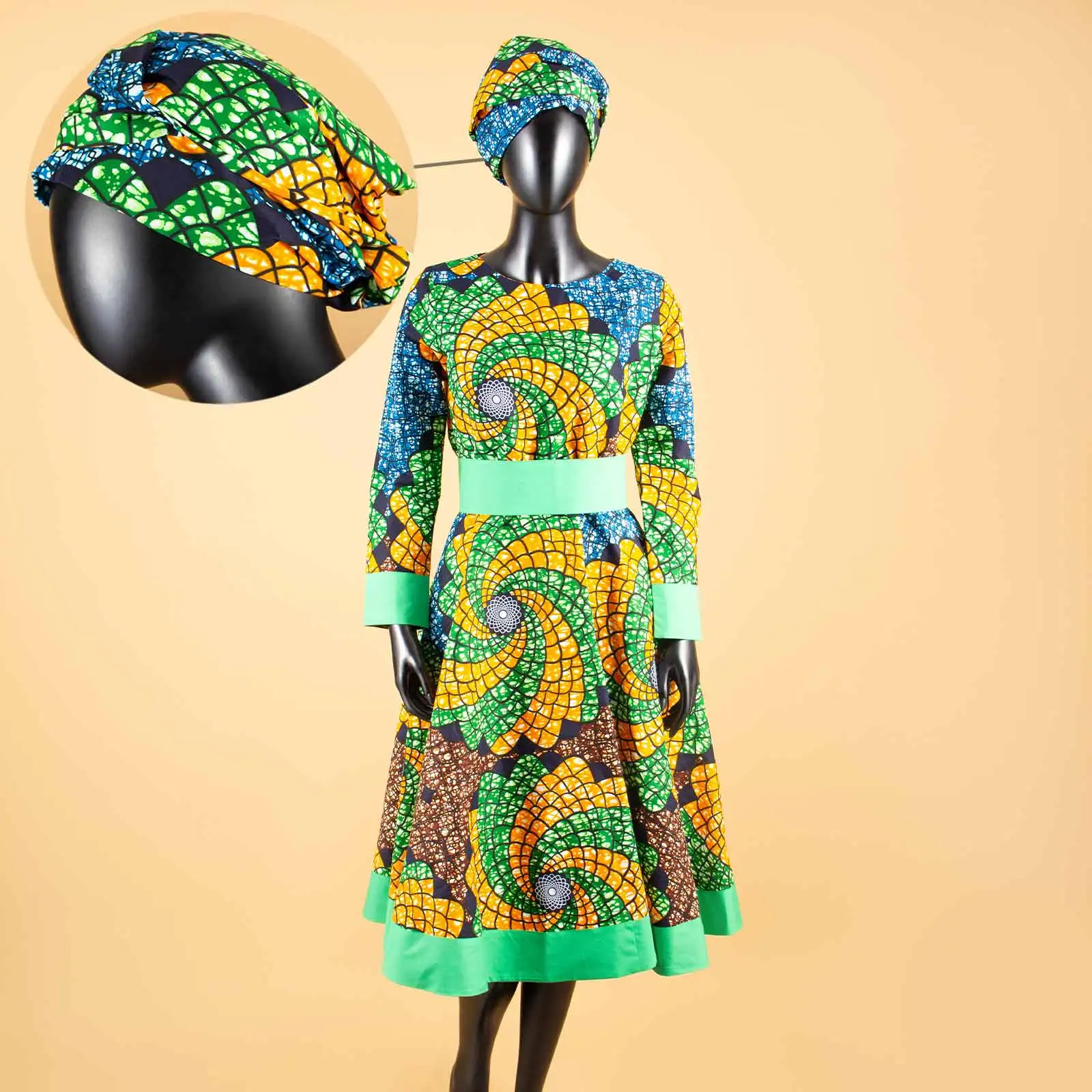 Dashiki African Dresses for Women Ankara Print Tutu Midi A-line Skirt with Turban Headwrap Casual Ethnic Style Clothes A2025007