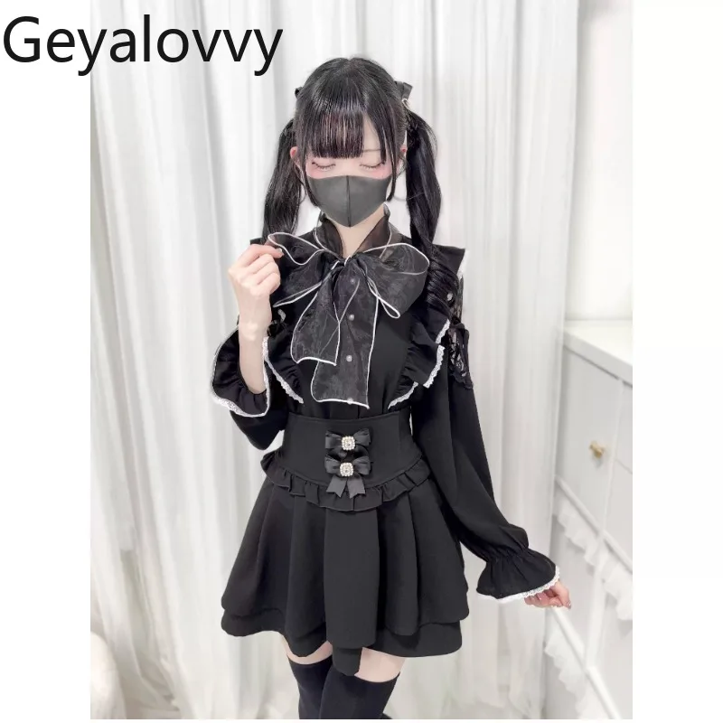 Japońska Wiosna i Lato Nowa Słodka Bluzka Siateczkowa Duża Kokarda Odkryte Ramiona Koronkowe Ramiączka Długi Rękaw Uniwersalna Koszula