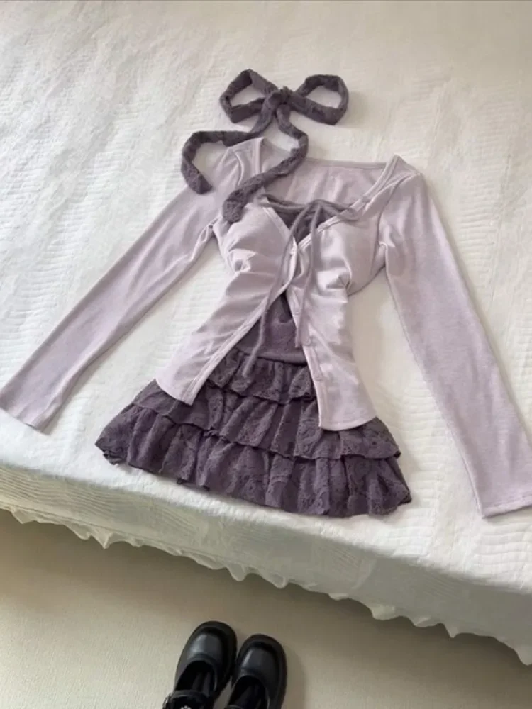 

Милый женский топ из двух предметов с длинными рукавами + юбки трапециевидной формы с высокой талией Y2k, комплекты из двух предметов, новинка лета 2023 г.