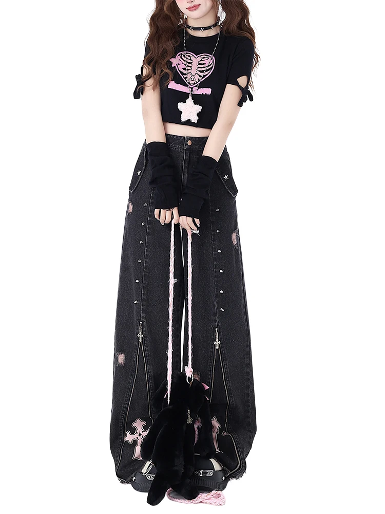 เสื้อผ้าผู้หญิง Black Gothic กางเกงยีนส์ 90s Aesthetic Y2k Oversize กางเกงยีนส์ Vintage Harajuku เกาหลี Emo 2000s ถังขยะ Jean กางเกง