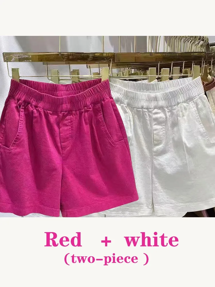 2023 Women's Denim Shorts Astic Waist Cotton Wide Leg Short Lady Beautiful Casual Rose Red Solid Summer Shorts For Women