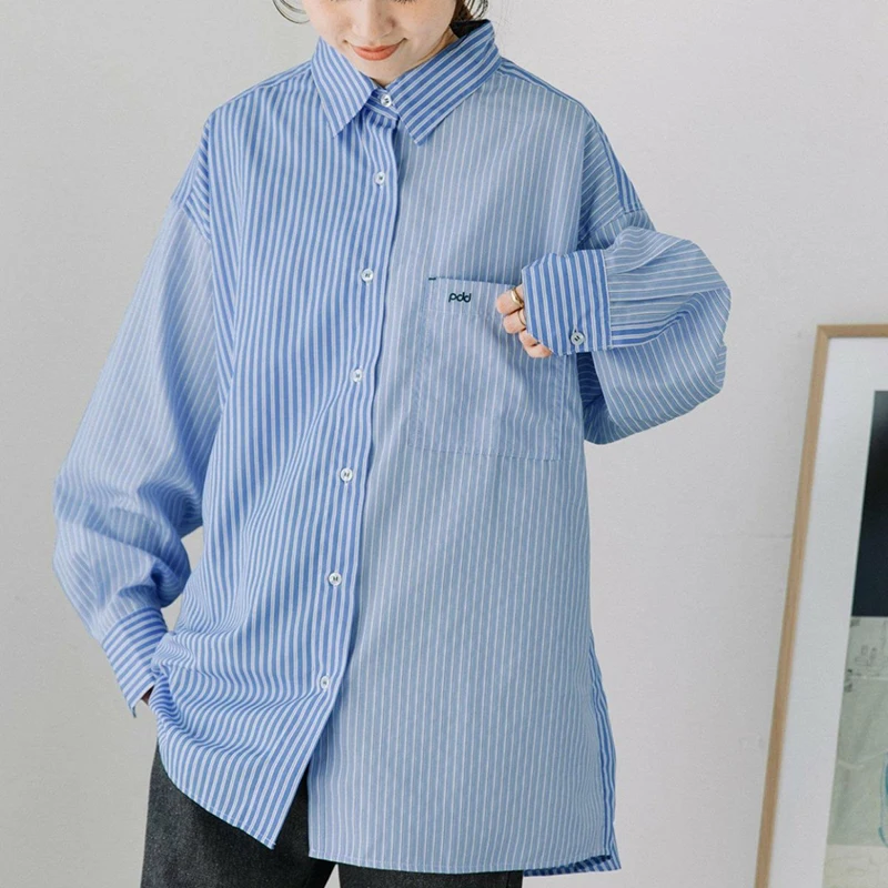 

Французская рубашка свободного кроя в полоску с контрастными вставками и вышивкой, осенне-зимняя новинка, повседневная элегантная рубашка