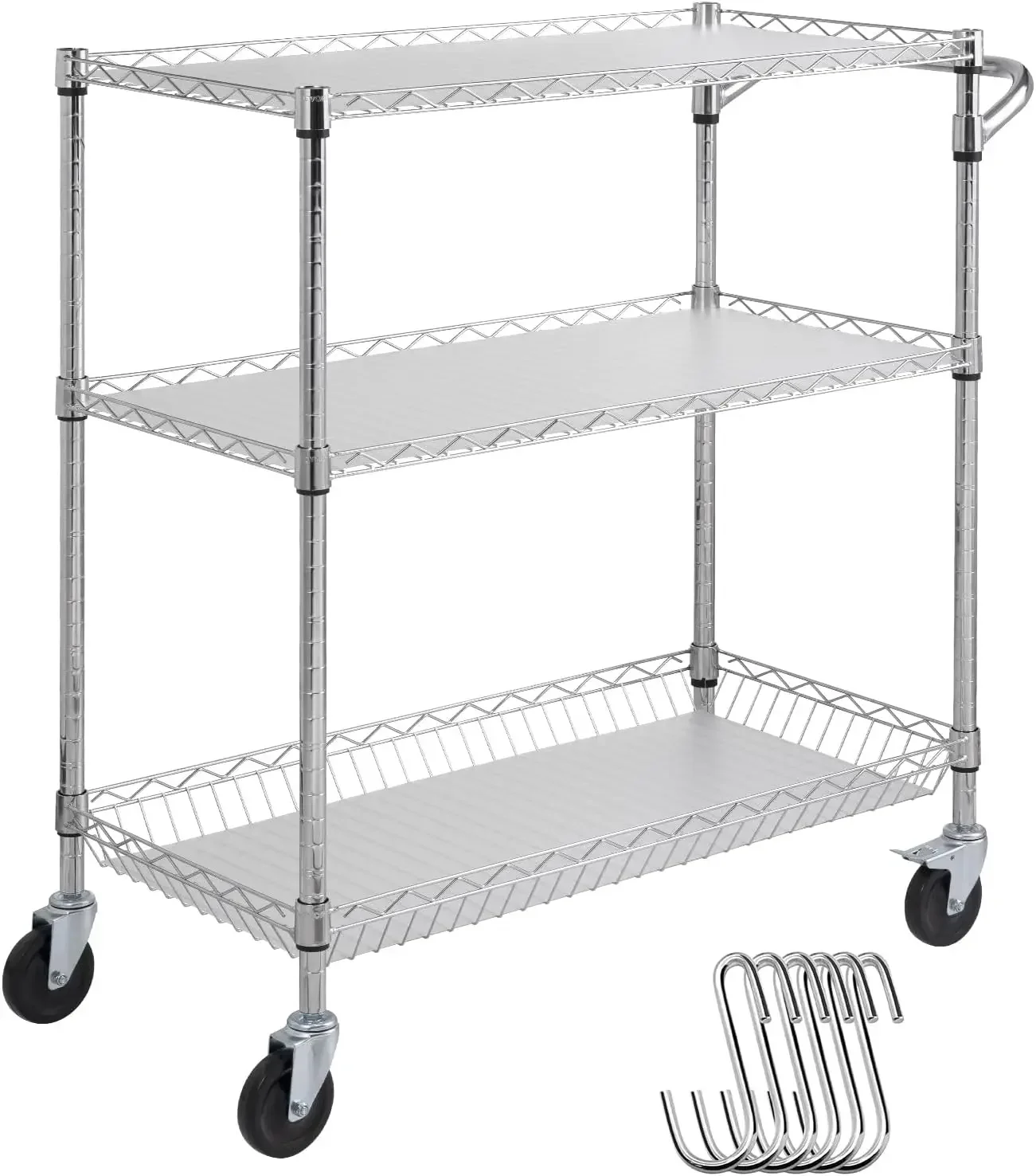 Kitchen Utility Cart, 3 Tiers, Wire Rolling Table with 661 LBS Capacity, Steel Service Desk on Wheels, Metal Storage Trolley wit