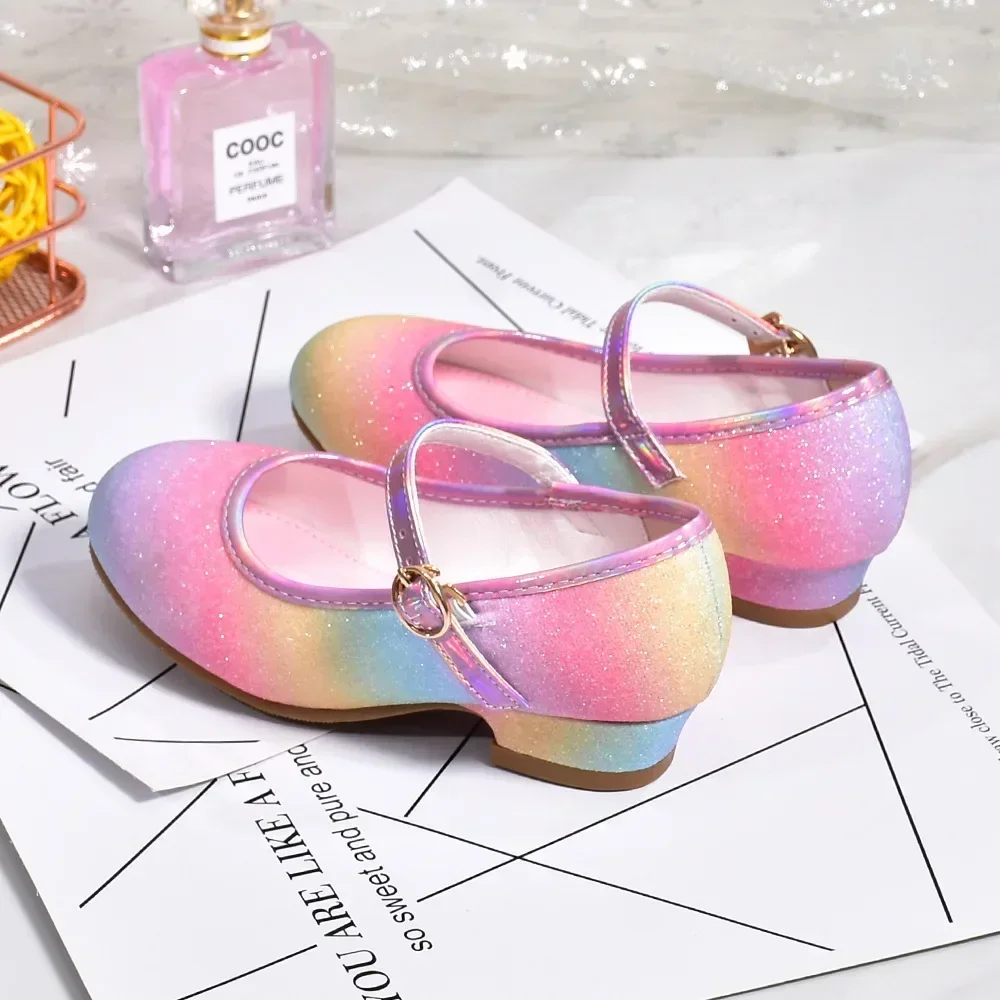 Princess Shoes for Girls Spring Autumn Glitter Fashion Kids Dress Leather Shoe Rainbow Sequins Children Party Wedding High Heels