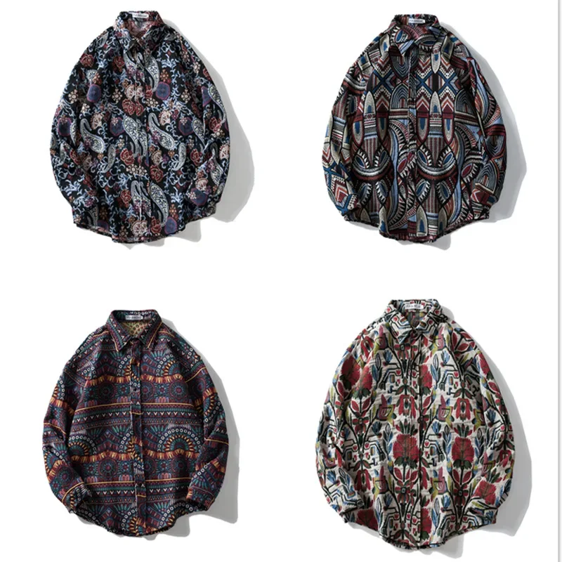 

Vintage Ethnic Woolen Shirt Men's Thickened Casual Personality Shirt Jacket Tide Loose Variety Couple Abstract Floral Shirts