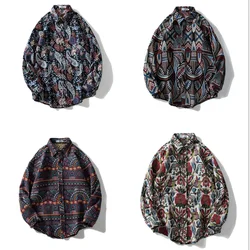 Vintage Ethnic Woolen Shirt Men's Thickened Casual Personality Shirt Jacket Tide Loose Variety Couple Abstract Floral Shirts