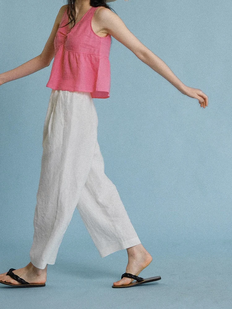 

New Women's Sleeveless Short Linen Vest Loose Summer Fashionable Hot Girl Small Shirt Strap Top Pure Color Commute Style