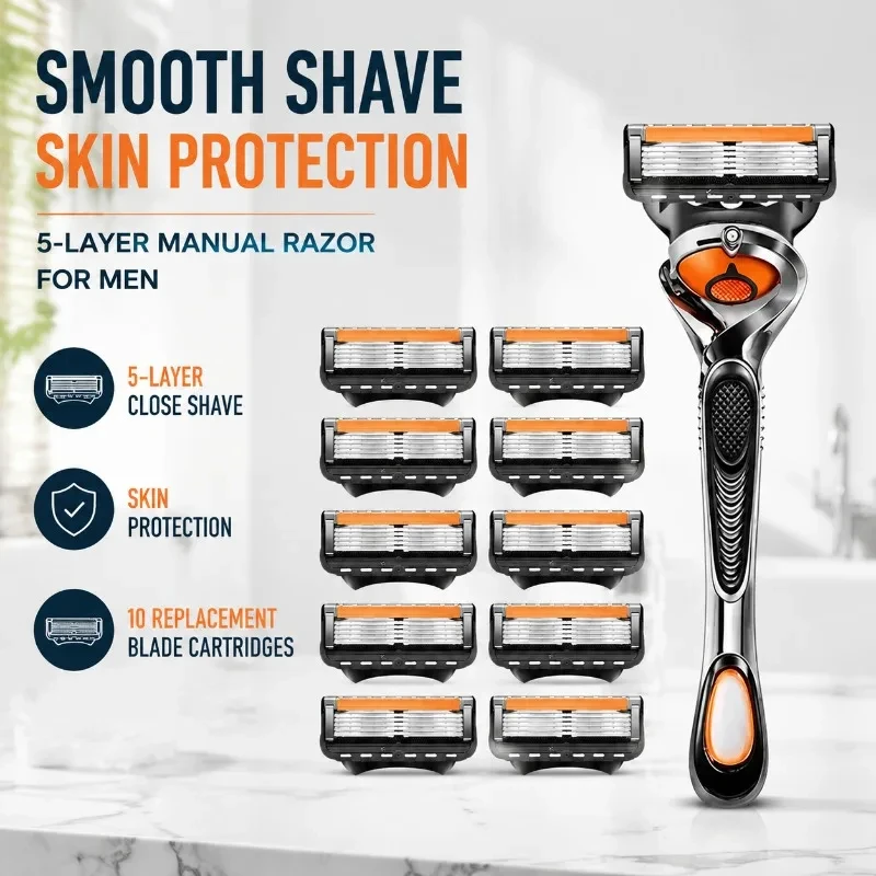 5 Layer Manual Razor for Men with Replacement Blade Cartridges, Smooth Close Shave, Skin Protection Grooming Tool