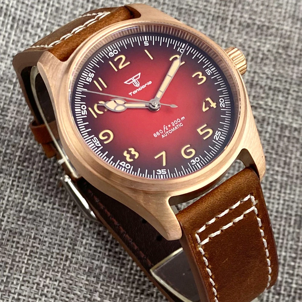 Tandorio Dive Pilot Style CUSN8 Solid Bronze Mechanical Watches for Men 200M Waterproof NH35 Movt Beige Hand Red Dial