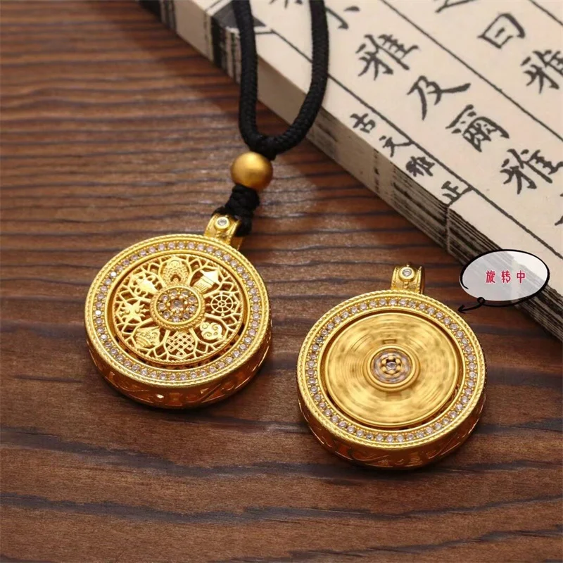 

AU750 18K Gold Vintage Rotatable Eight Treasures Pendant, Hollow Lucky Charm, Fashion Women Sweater Necklace, Gift for Her