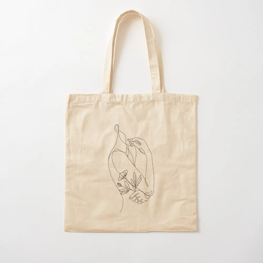 

Flower with woman. Line illustration. Line drawing. One line. Nature face. Tote Bag bag luxury women Canvas Tote Bag