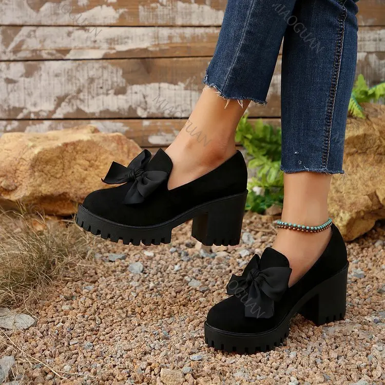 Black Suede Women's Loafers, Round Toe With Bow, Slip-on, Thick High Heel_voghion.com