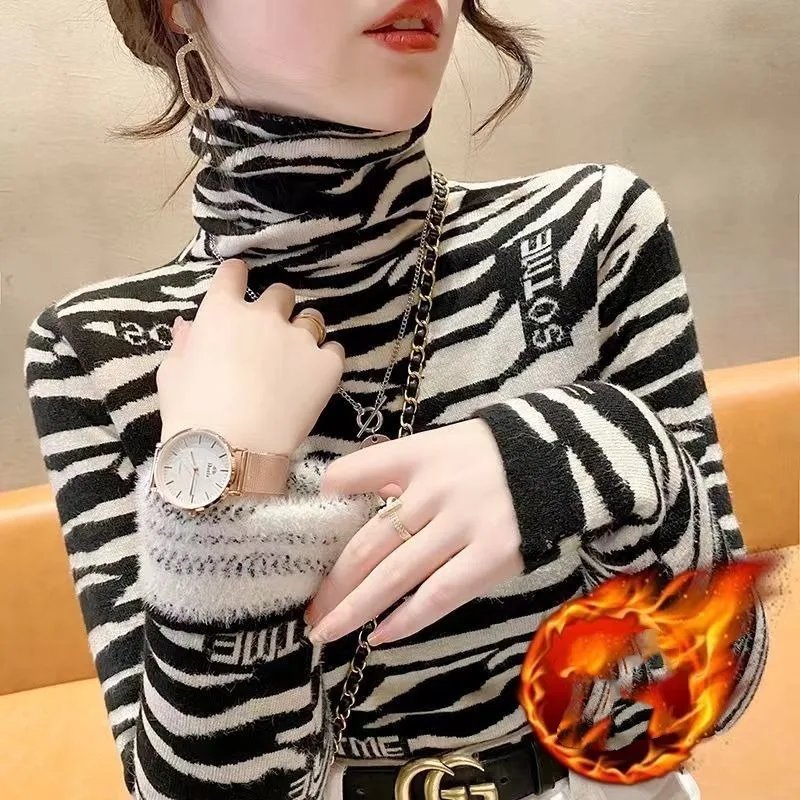 Women\'s Pullover High Neck Printing Striped Sweater Autumn and Winter New Knit Long Sleeve Slim Office Lady Tops Female Clothing