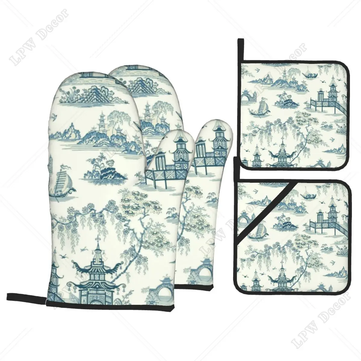 Oriental Porcelain Pagoda Oven Mitts and Pot Holders 4pcs Sets Heat Resistant Kitchen Gloves Potholders for Baking Grilling