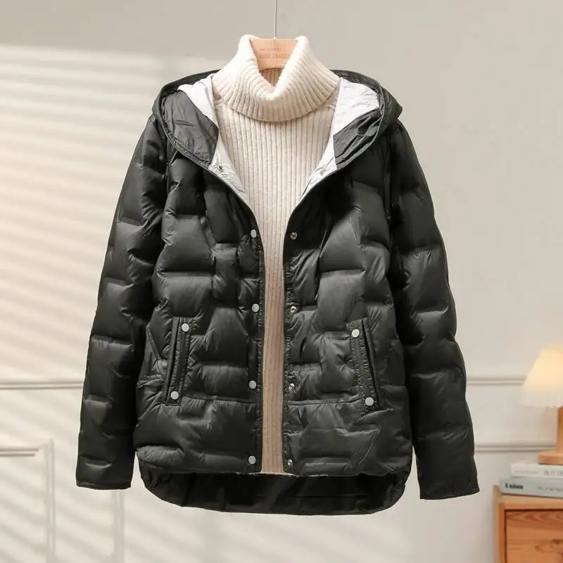 

Lagabogy 2025 Autumn Winter Women White Duck Down Coat Casual Single Breasted Hooded Jacket Female Light Puffer Parka Outwear