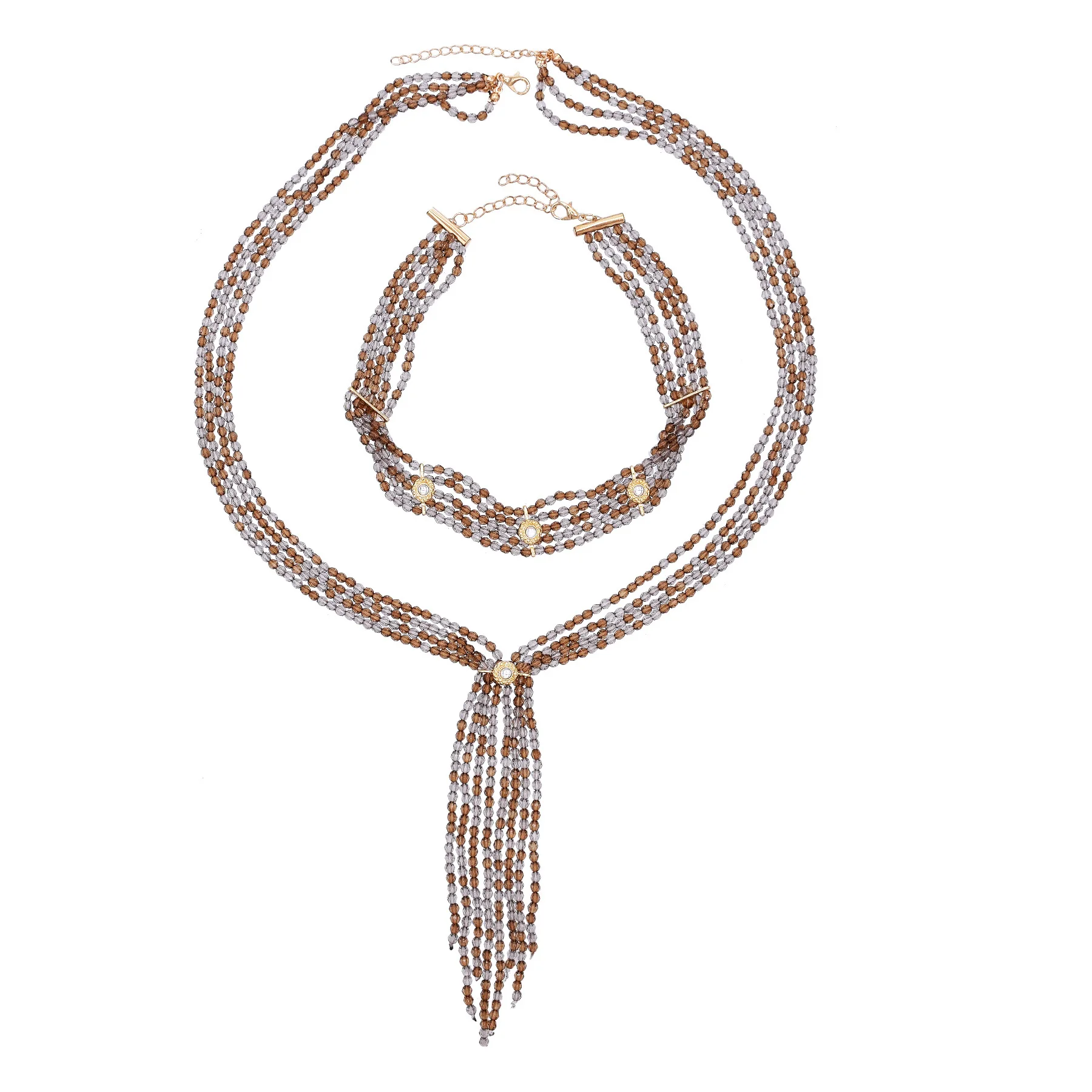 Handmade Alloy Beaded Bamboo Chain Two-piece Necklace Set Fashion Long Tassel Layered Necklace for Women