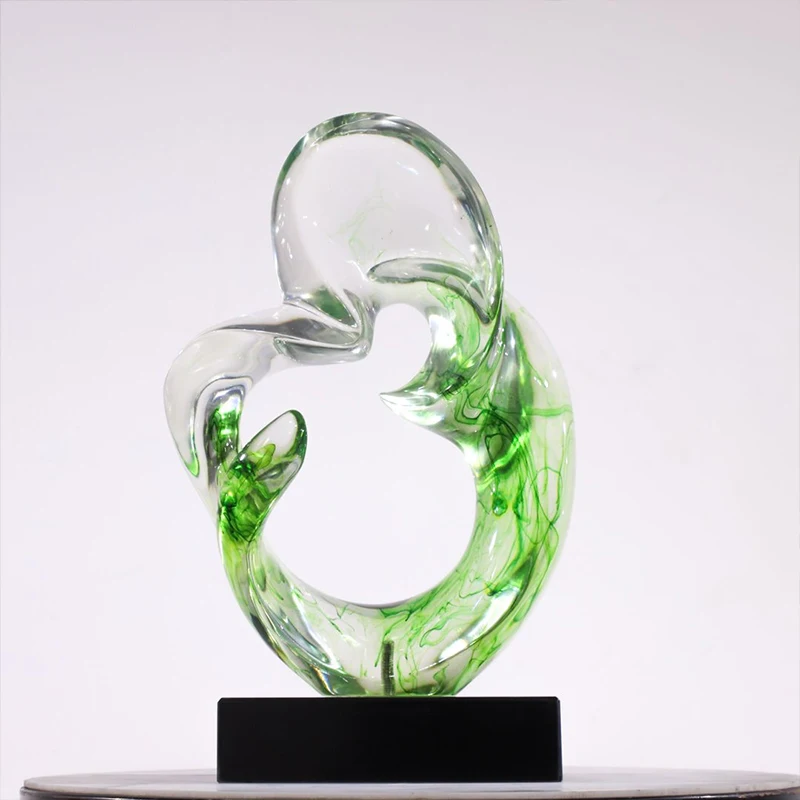 *#Q  Transparent Resin Hand-painted Abstract Twisted Irregular Sculpture Green Smoke Ink Black Base Living Room Exhibition&