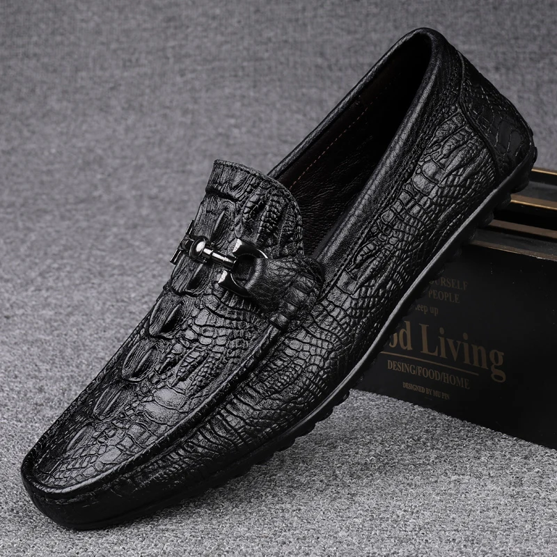 

Italian Handmade Shoes Genuine Leather Black Formal Shoes Casual Loafers Men's Crocodile Pattern Fashion Check Moccasins Shoes