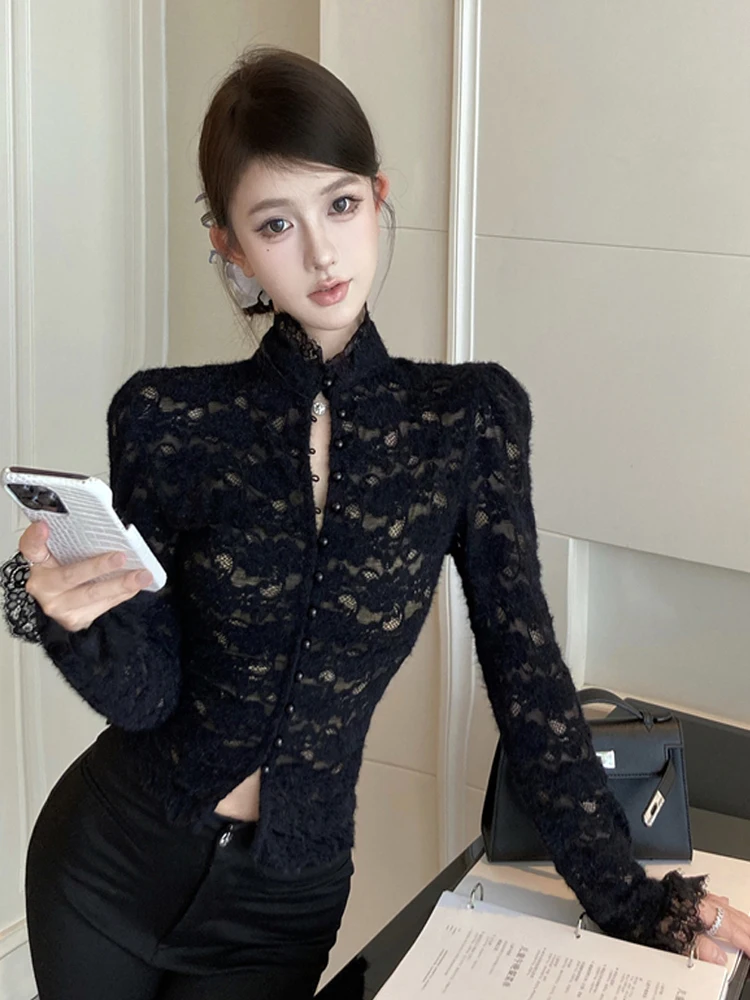 

Длинный свек в стиле ретро, кружевной воротник-стойка на пуговицах, утягивающий базовый слой, топ, сексуальный сладкий французский женский модный топ