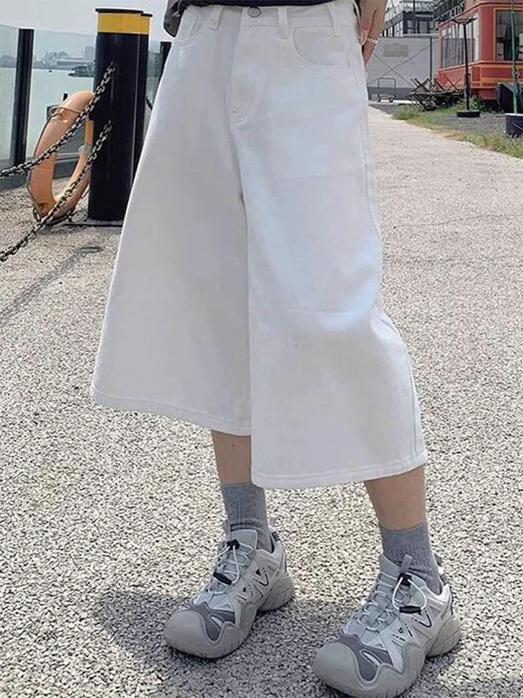 Białe luźne spodnie jeansowe z prostymi nogawkami, damskie letnie spodnie w stylu amerykańskim retro z wysokim stanem, szerokie nogawki, wyszczuplające jeansy plus size.