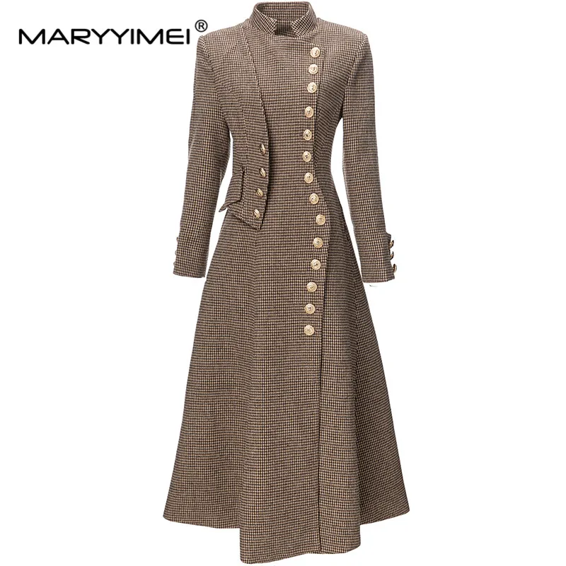 

MARYYIMEI 2023 High Street Runway Fashion Designer Dress Women's Bird Lattice Single-Breasted Metal Buttons Slim Long Dress