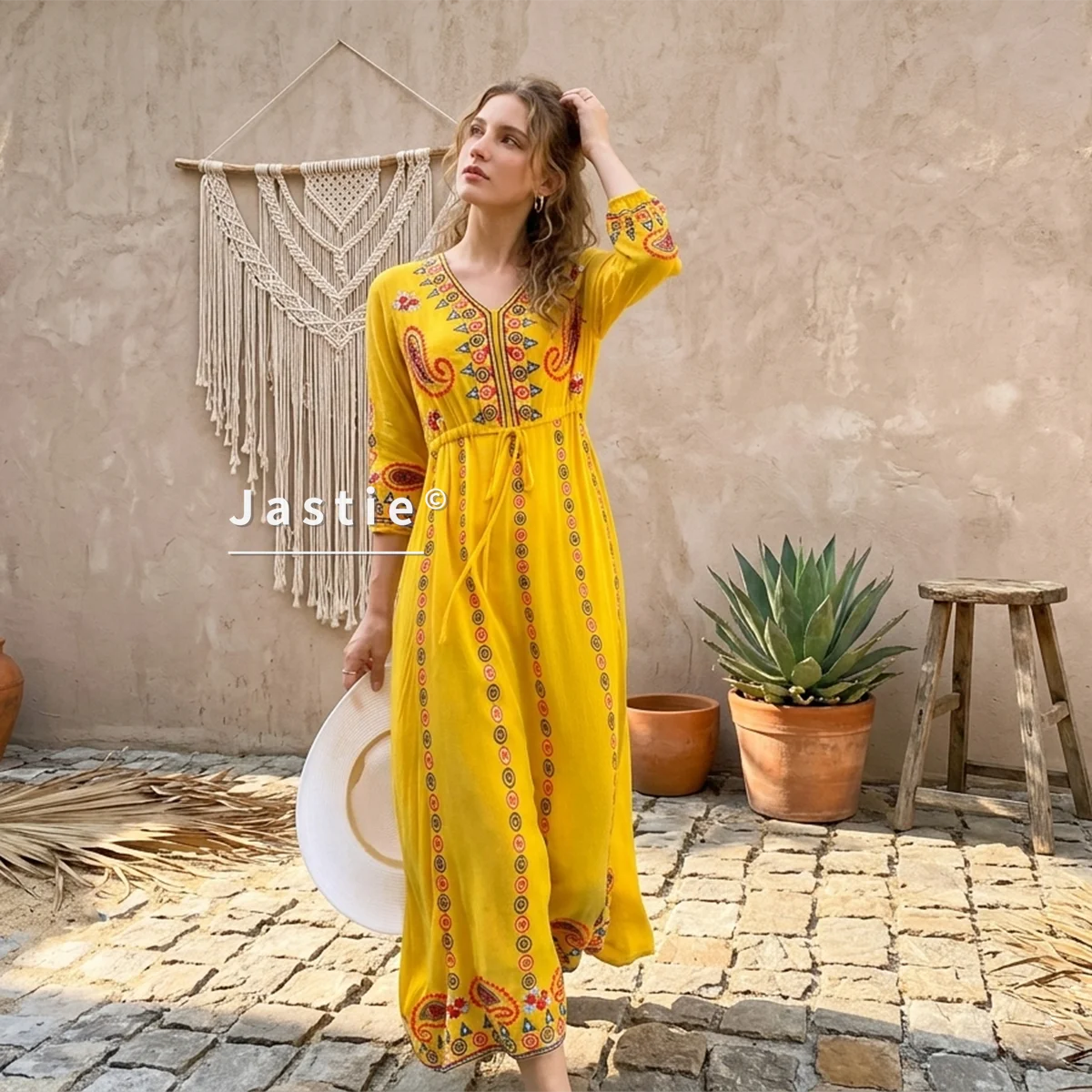 Jastie 2025 Spring Autumn Women Dress Loose Casual Beach Dresses Floral Embroidered Maxi Dress Boho Ruffle Hem Female Vestidos