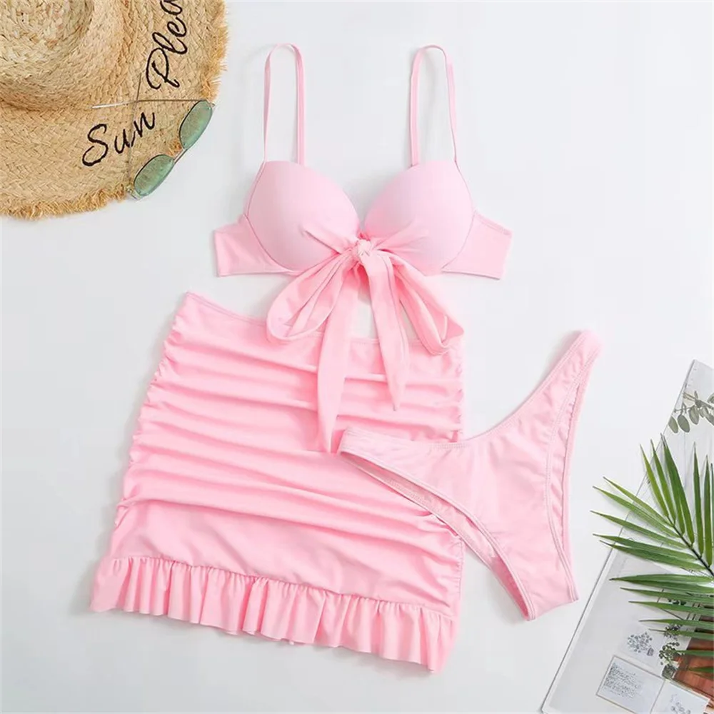 Cute Pink Ruched Swimwear Push Up Bandage Bikini Thong Pleated Swimsuit 3 Piece Women\'s Skirt Beach Outfits Bikinis Bathing Suit