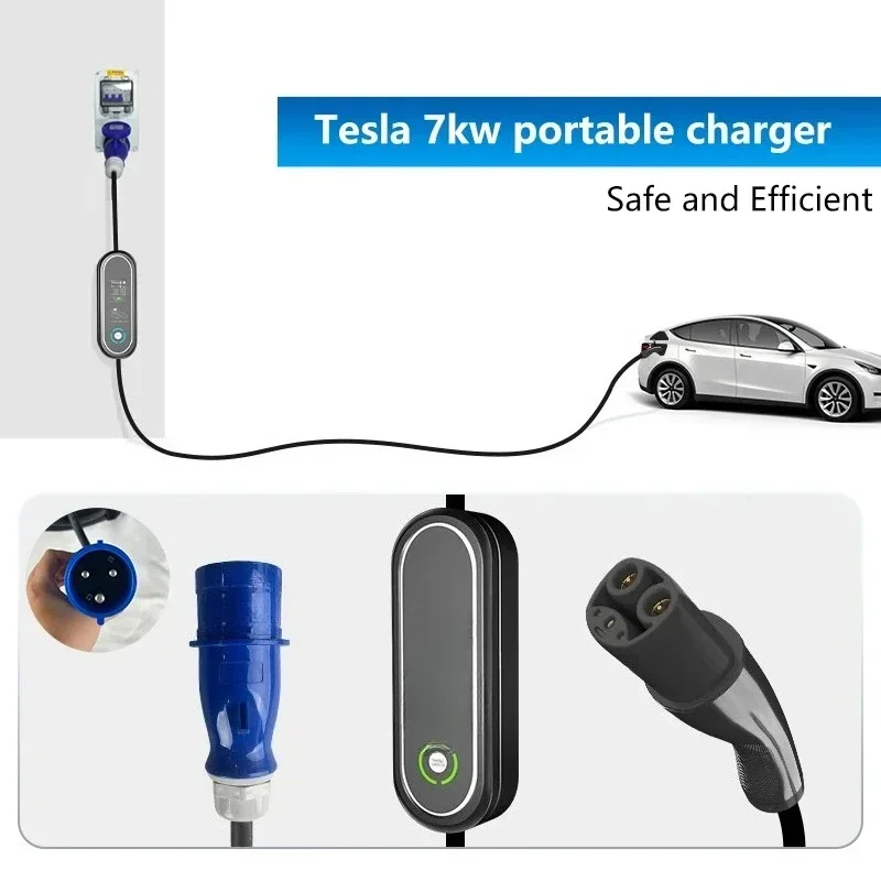 7KW Portable Ev Charger for Electric Cars 32A Adjustable Tesla Charging Station for Model X/Y/3/S