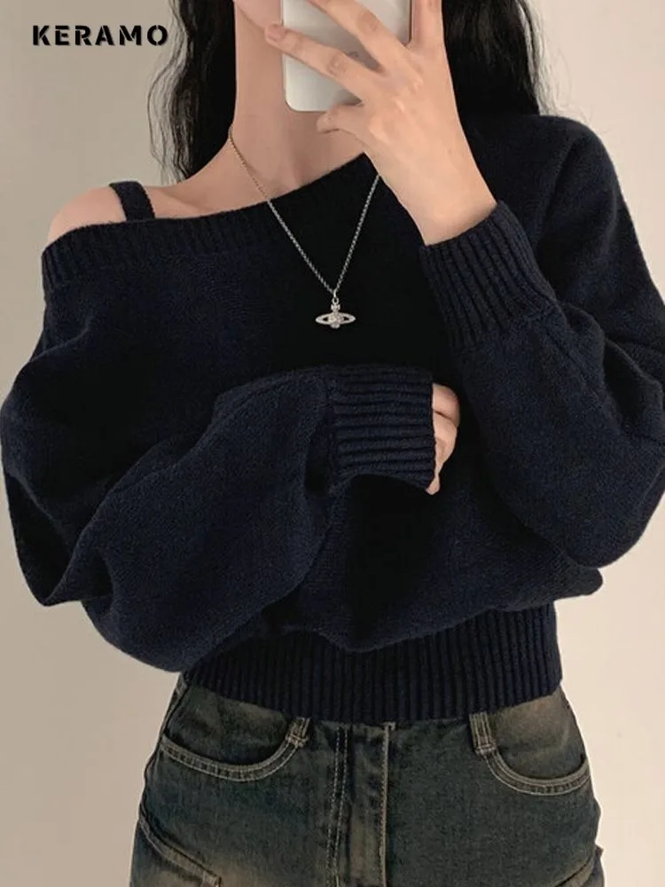 

Hotsweet Casual Slash Neck Knitted Long Sleeve Gyaru Pullovers Women Coquette Solid Color Sheath Ladies Sexy Knitwear Sweater