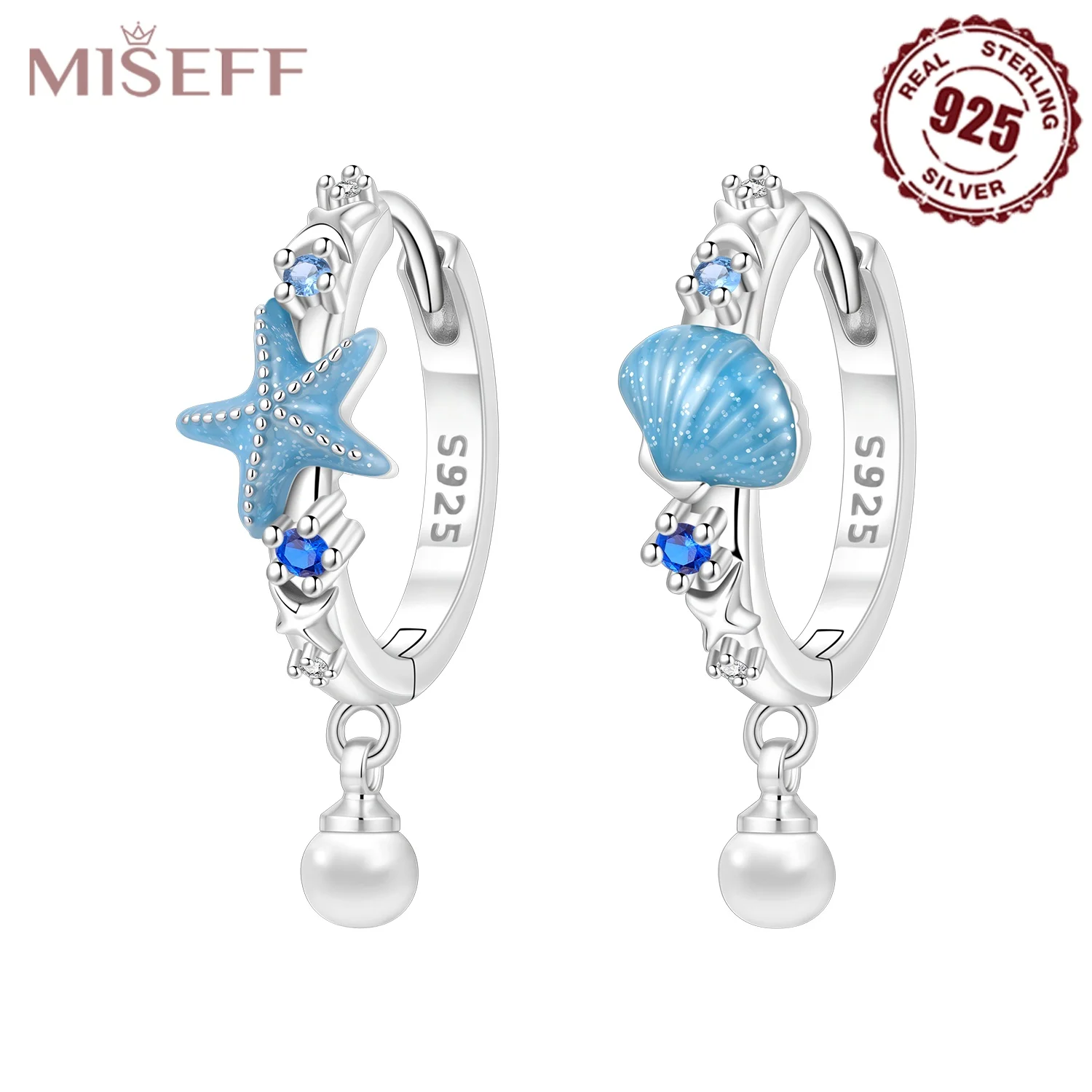 MISEFF S925 Sterling Silver Ocean Element Conch Starfish & Shell Pearl Dangle Earring, Stylish Women Beach Jewelry Birthday Gift