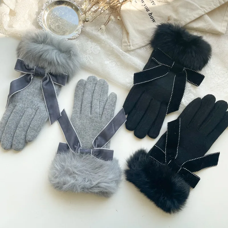 

Elegant Cashmere Winter Gloves for Women Black Gray Plush Rabbit Fur Wrist Touch Screen Gloves Autumn Female