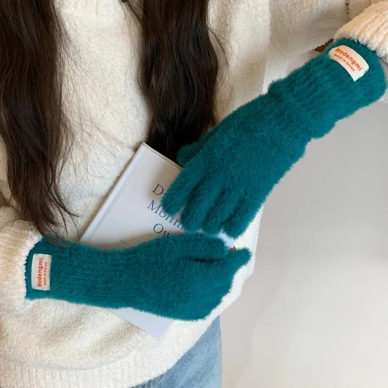 الشتاء بلون تقليد المنك قفازات المرأة لينة أفخم الدافئة محبوك قفازات كاملة الأصابع في الهواء الطلق شاشة تعمل باللمس ركوب القفازات