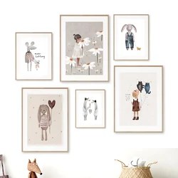 Funny Rabbit Mouse Goose Bear Cat Girl Flower Balloon Alphabet Retro  Prints Wall Art CanvasPoster Pictures Baby Kids Room Decor