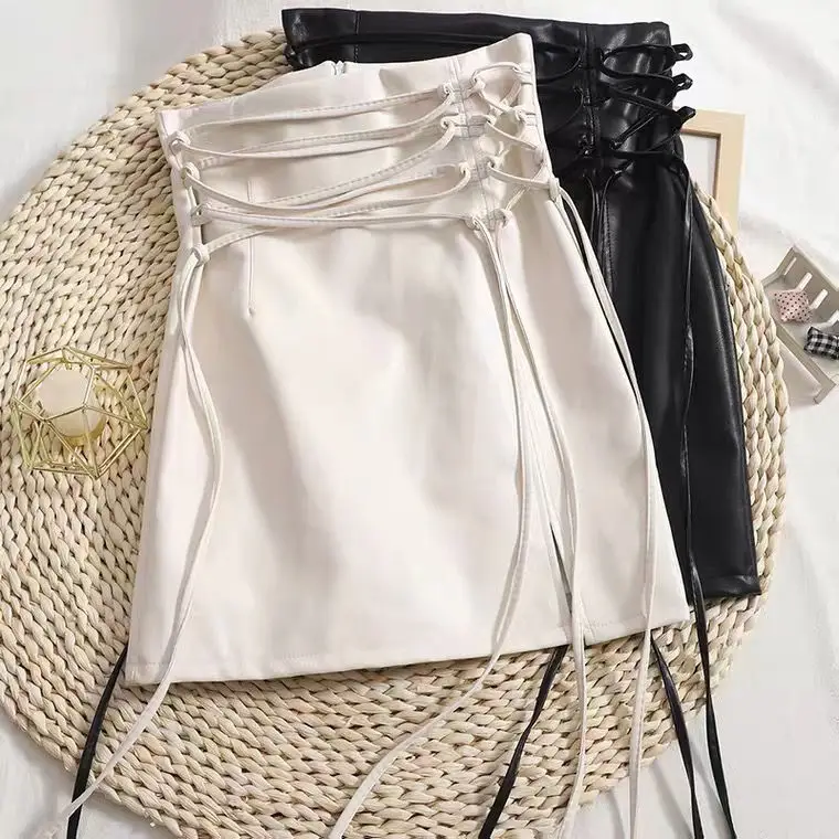Gothic Pencil Skirt Woman Pu Hippie Mini Leather Punk Lace Up 2023 New High Waisted Sexy Club Beige Black Y2k Skirts Women