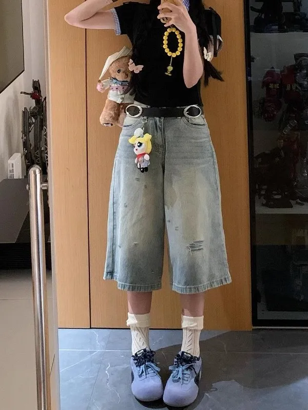 

American Style High Waist Seven-Foot Jeans Women Summer New plus Size Loose Wide Leg Pants Casual Straight Leg plus Size