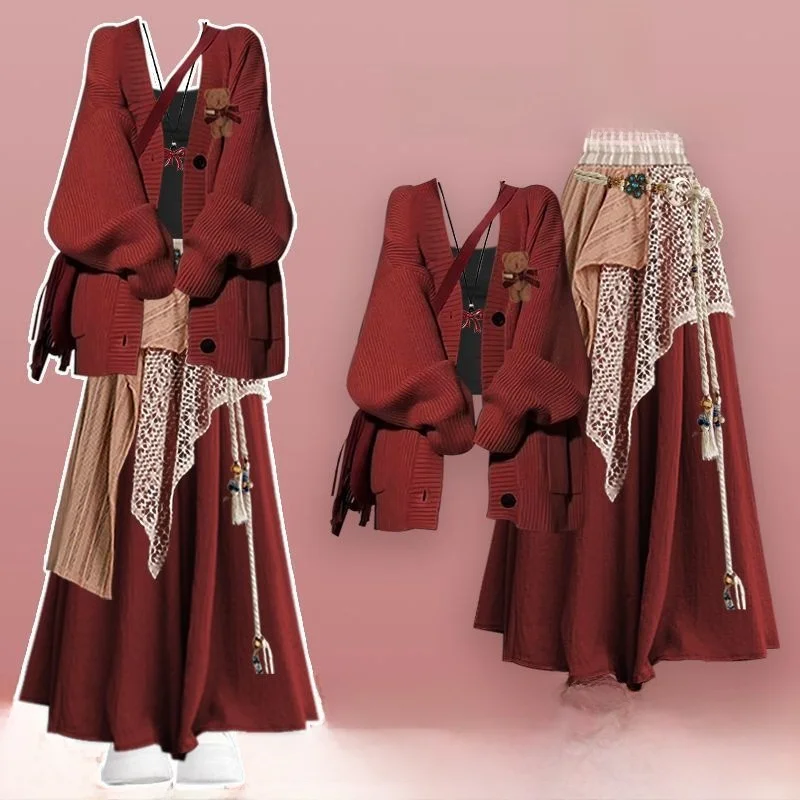 Rot gestrickt Cisas Halloween Long Dr Damen n Sle Herbst Winter Faion Set Casual Loose Fit V-Ne Button-Up