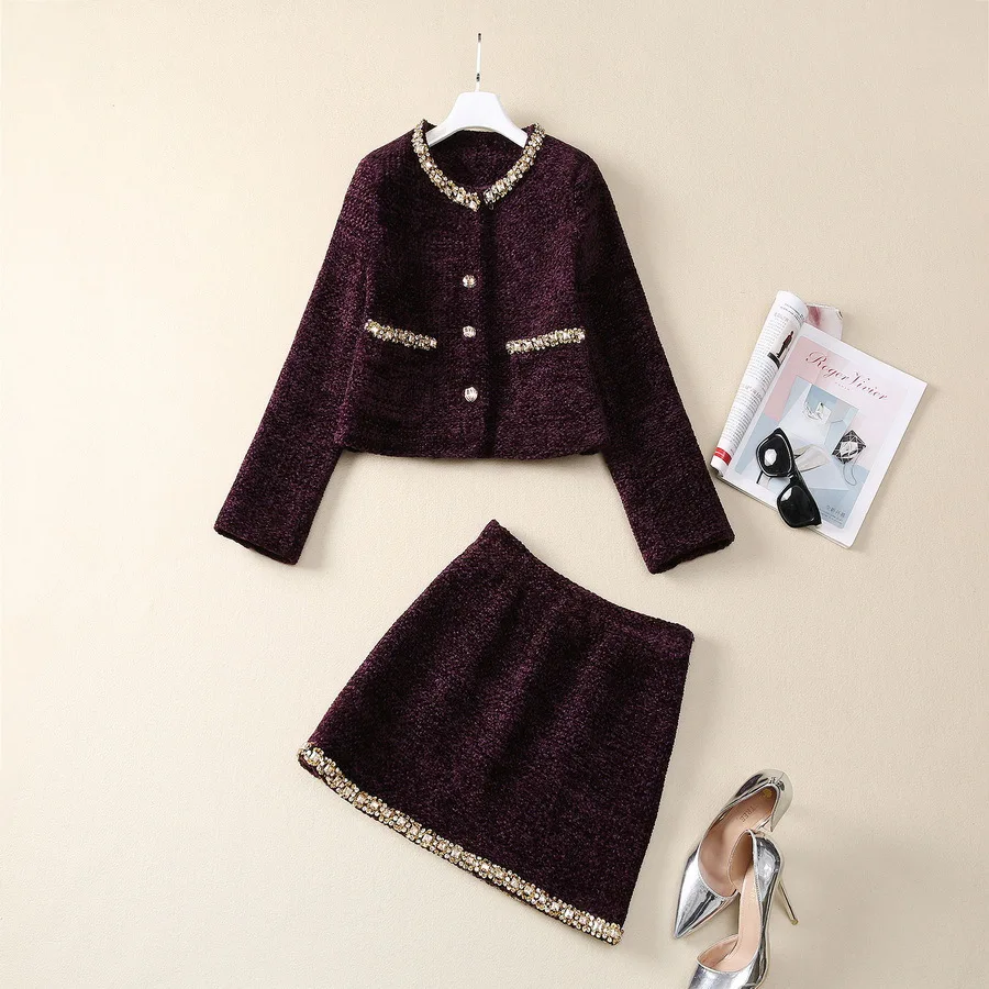 

Europe and the United States women's 2024 autumn winter new Long sleeve stud drill tweed purple jacket skirt Fashion suit